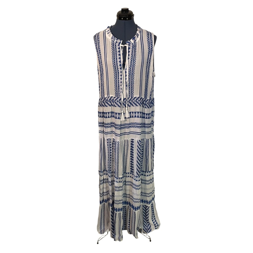 Goa Beachwear Japna Blue White Geometric Tiered Maxi Dress Coverup Resortwear XL